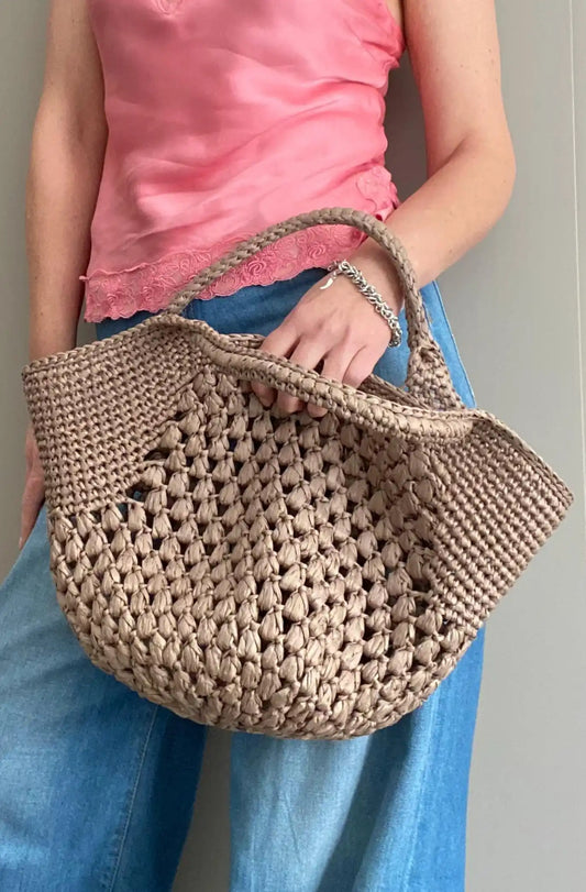Light Taupe Openwork Crochet Straw-Style Large Tote Bag