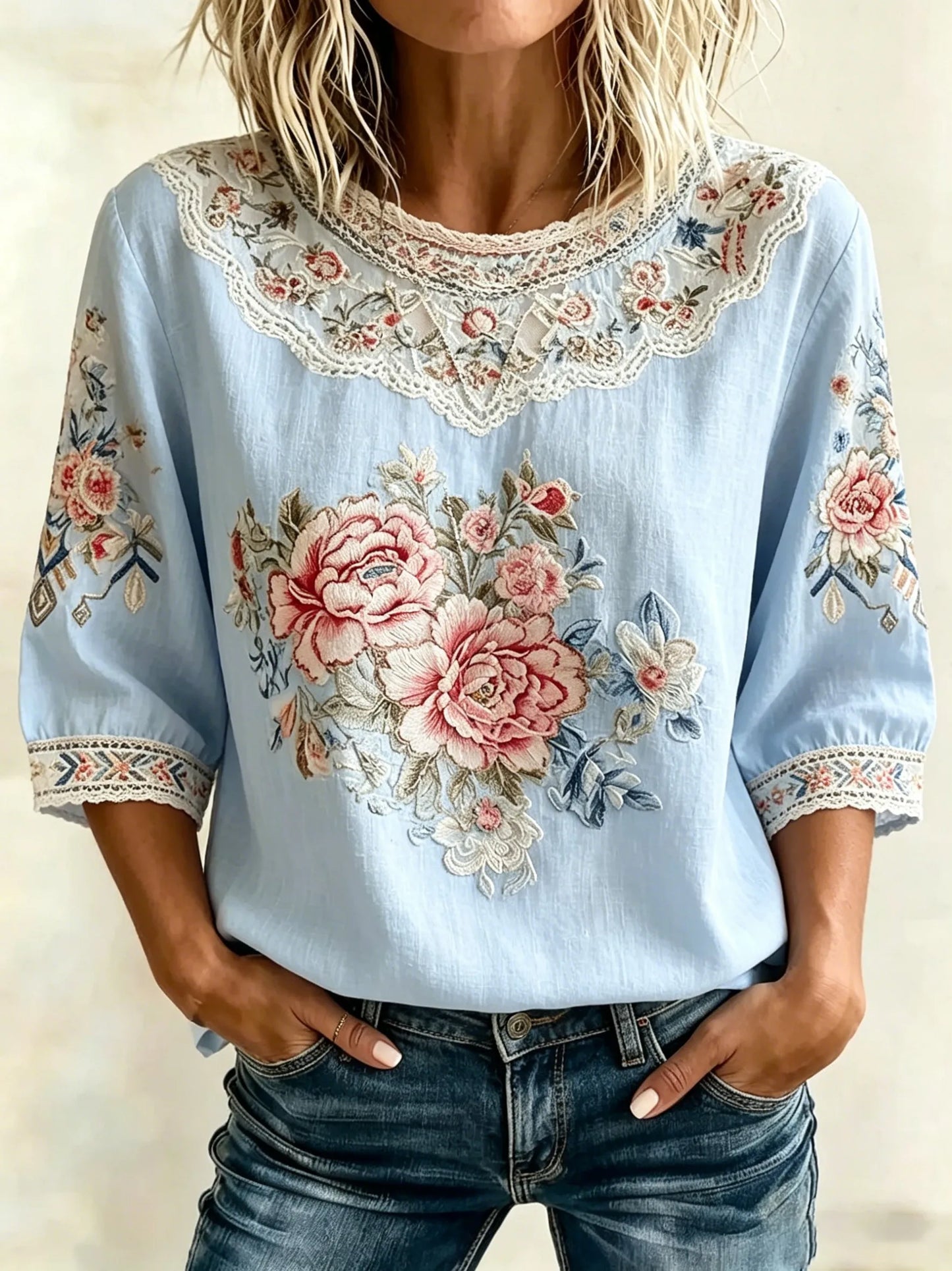 Light Blue Lace Neck Peony Floral Embroidery 3/4 Sleeve Linen Blouse