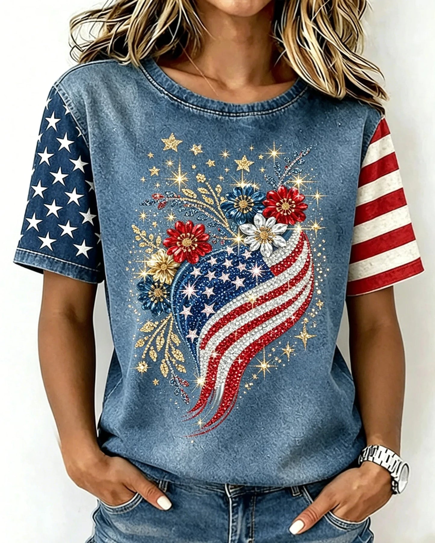 Vintage Washed Denim Texture USA Flag Floral Rhinestone Heart Graphic Short Sleeve Crew Neck T-Shirt