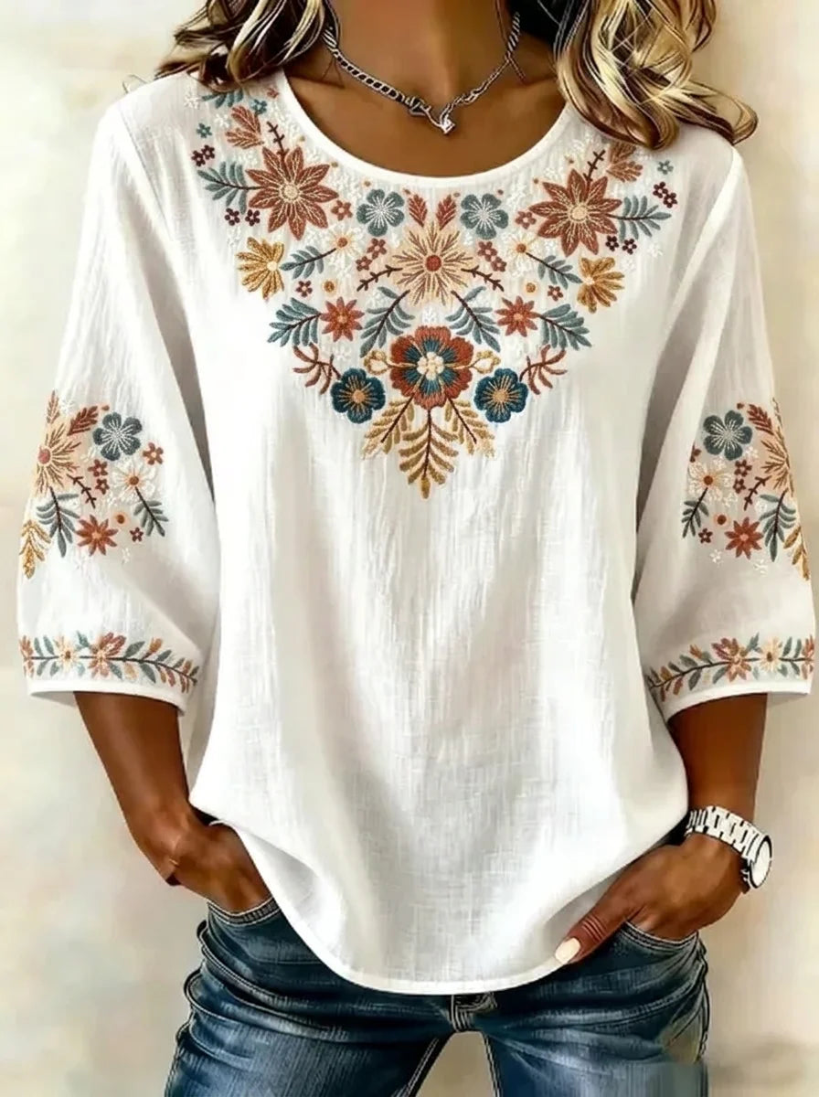 Women Vintage Floral Embroidered 3/4 Sleeve Linen Blend Casual Blouse