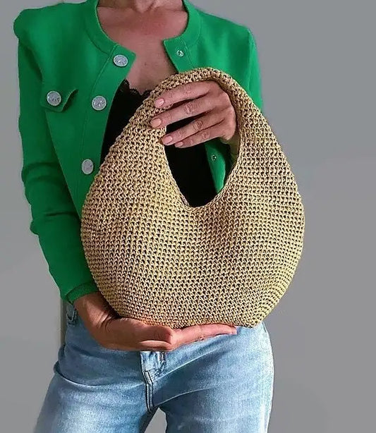 Light Khaki Openwork Crochet Straw-Style Hobo Tote Bag
