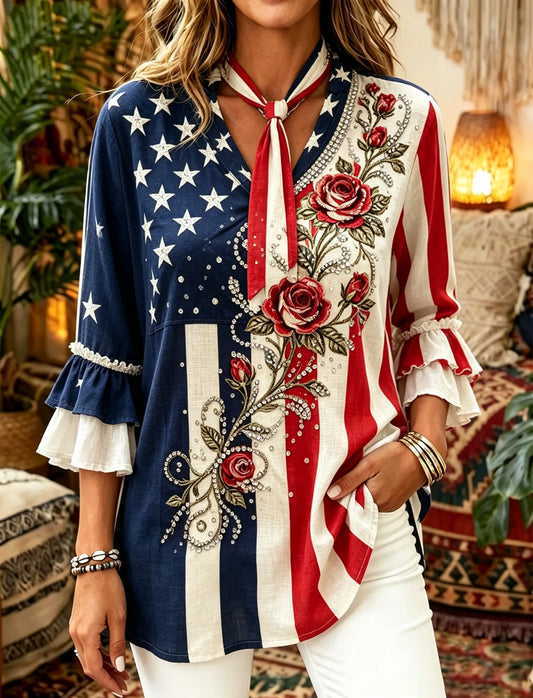 Red Blue Stars Stripes Rose Embroidered Rhinestone V Neck Double Ruffle 3/4 Sleeve Blouse