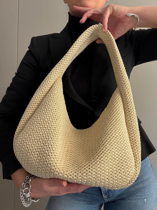 Off-White Handmade Crochet Curve-Edge Hobo Tote Bag