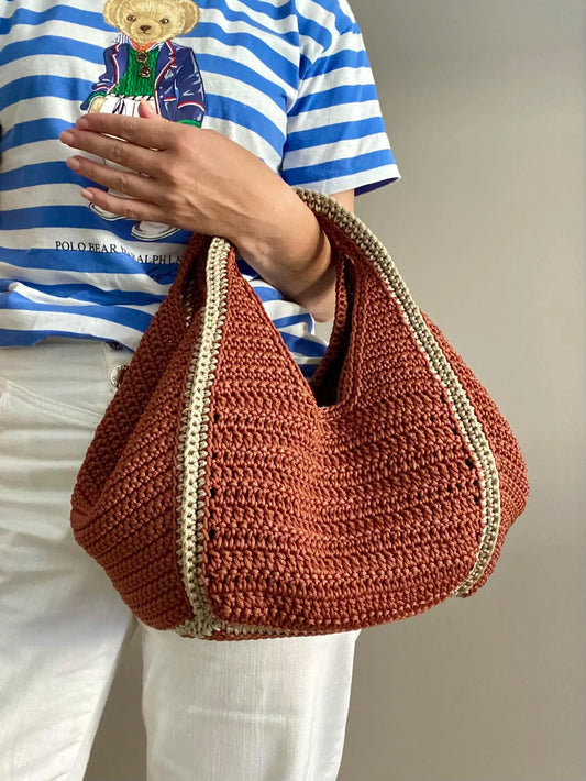 Terracotta Color-Block Trim Handmade Crochet Hobo Tote Bag