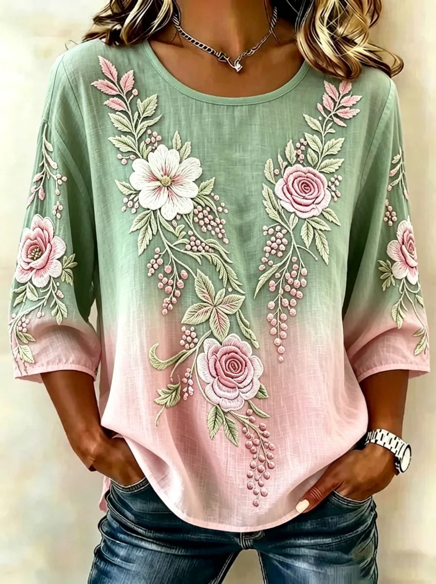 Women Vintage Floral Embroidered 3/4 Sleeve Linen Blend Casual Blouse