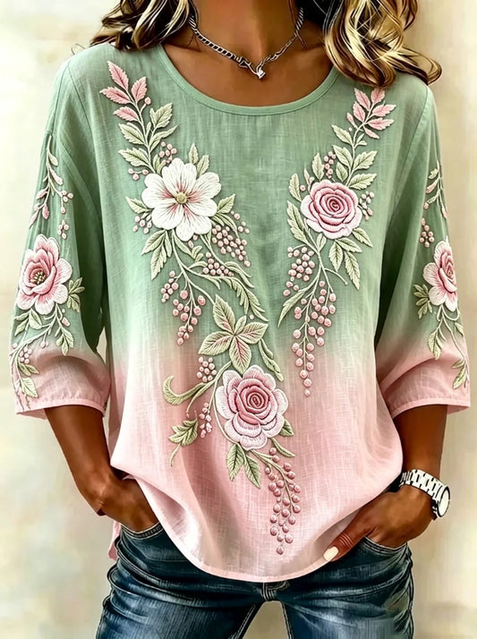 Women Vintage Floral Embroidered 3/4 Sleeve Linen Blend Casual Blouse