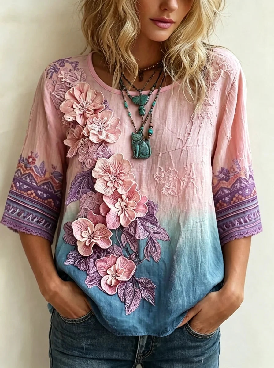 Pink Blue Gradient 3D Floral Embroidery Round Neck 3/4 Sleeve Linen Top