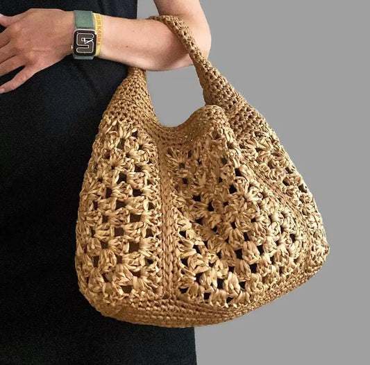 Light Brown Openwork Crochet Straw-Style Large Hobo Tote Bag