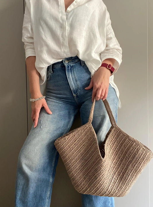 Milk Tea Diagonal Stitch Crochet Large Straw-Style Tote Bag