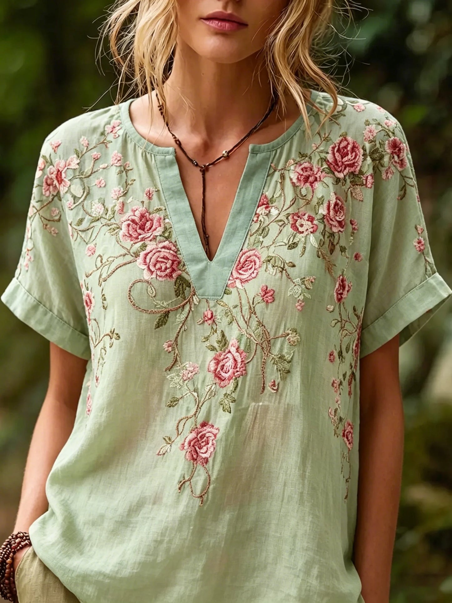Women Boho V-Neck Printed & Embroidered Loose Casual Blouse Top