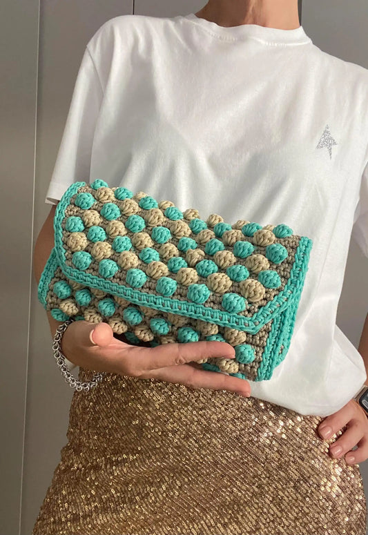 Mint Green Color-Block Handmade Crochet Bobble Envelope Clutch
