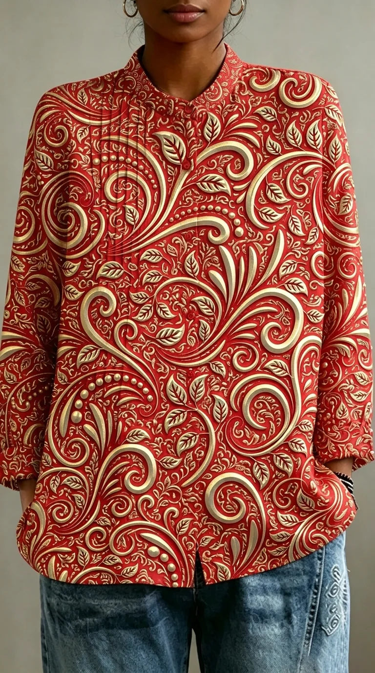 Red Vintage Golden Scroll Leaf Print Mandarin Collar 3/4 Sleeve Button Down Blouse