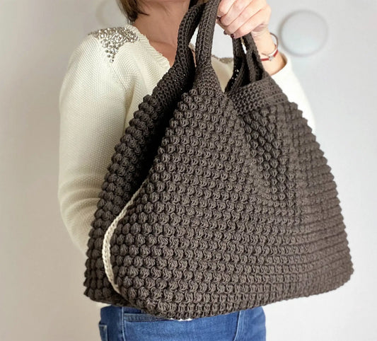 Dark Brown Color-Block Trim Handmade Crochet Large Tote Bag