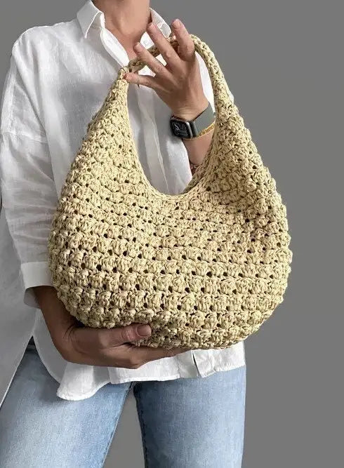 Beige Openwork Crochet Straw-Style Hobo Tote Bag