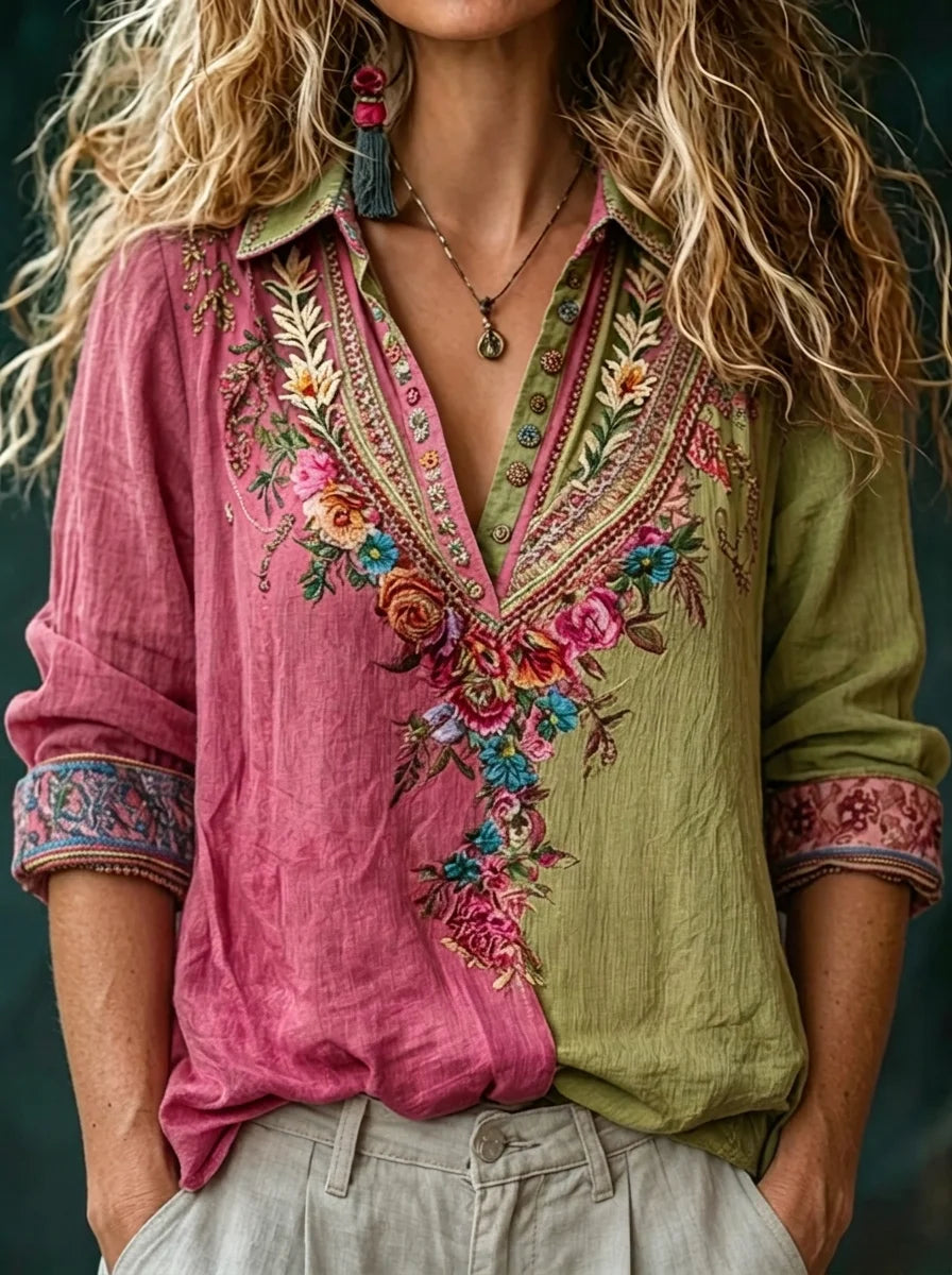 Pink Green Color Block Heavy Floral Embroidery Collar 3/4 Sleeve Linen Shirt