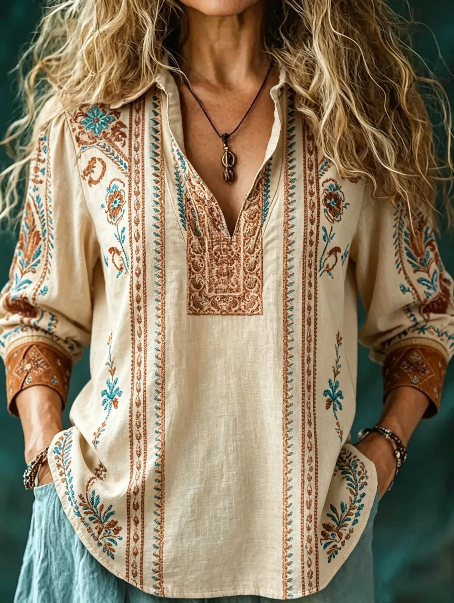 Women Boho V-Neck Printed & Embroidered Loose Casual Blouse Top