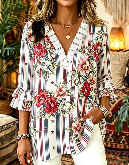 White Red & Blue Stripe Floral Print V-Neck Ruffled Trim 3/4 Flare Sleeve Blouse
