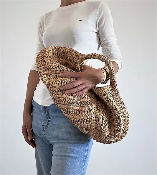 Natural Raffia Openwork Woven Hobo Bag