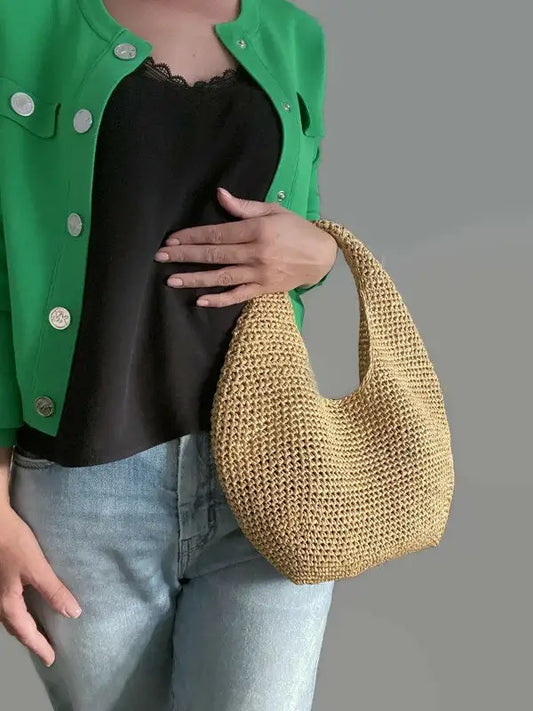 Olive Green Openwork Crochet Straw-Style Large Tote Bag