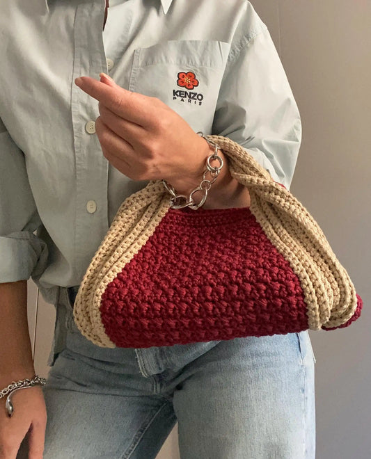Burgundy & Beige Color-Block Handmade Crochet Hobo Handbag