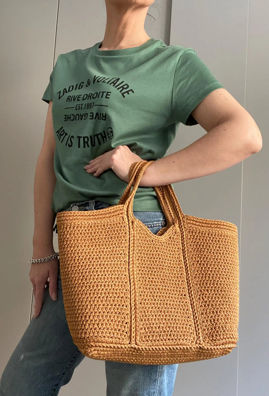 Caramel Crochet Straw-Style Large Tote Bag