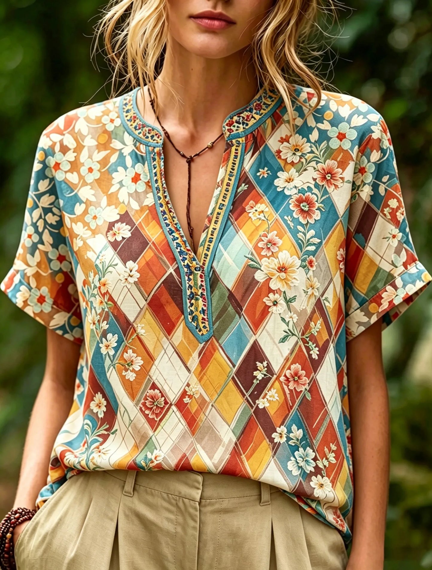 Women Boho V-Neck Printed & Embroidered Loose Casual Blouse Top
