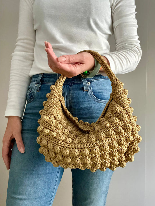 Khaki Handmade Crochet Bobble Texture Hobo Tote Bag