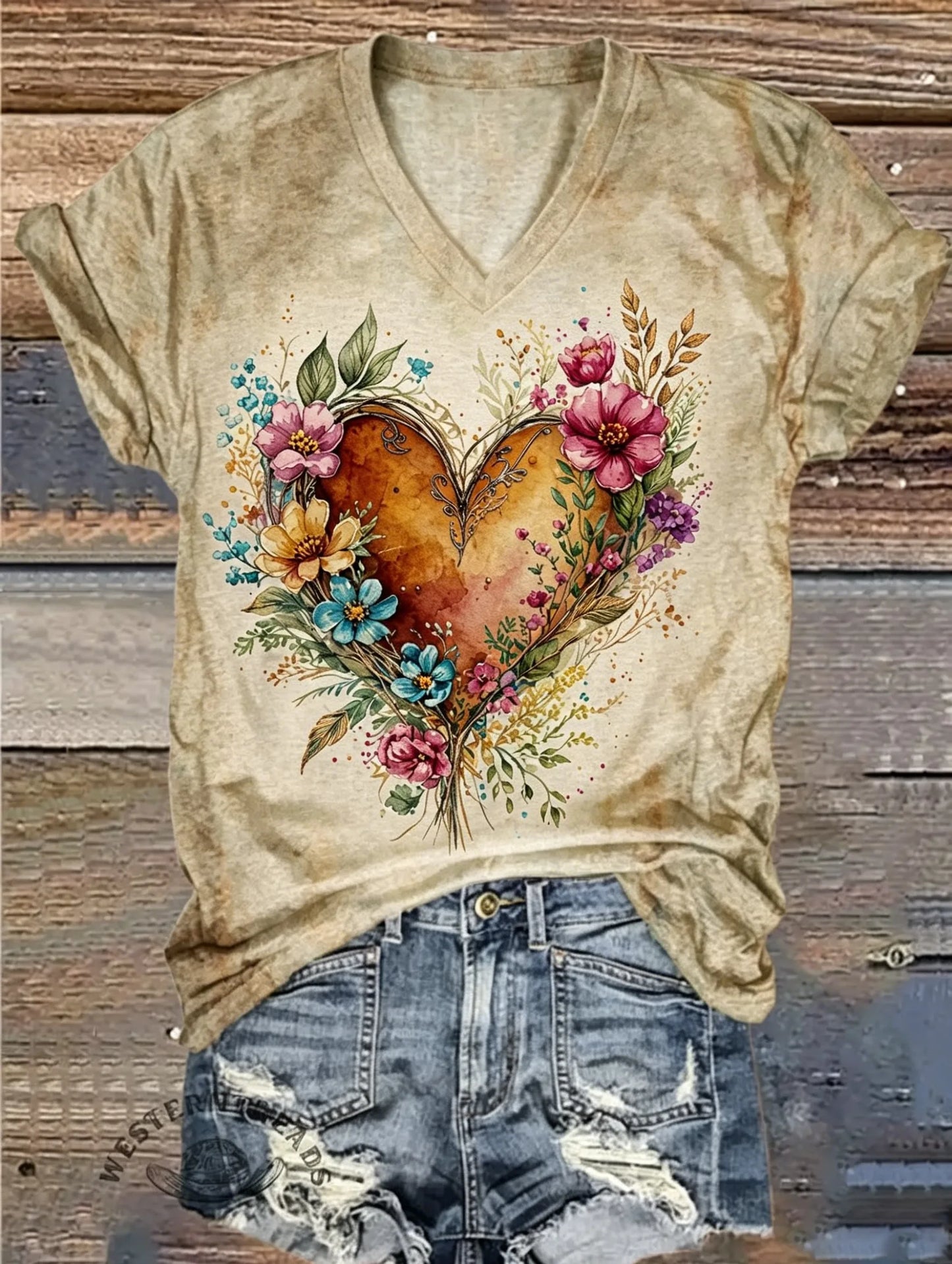 Women Vintage Heart Floral Print V-Neck Short Sleeve Casual T-Shirt