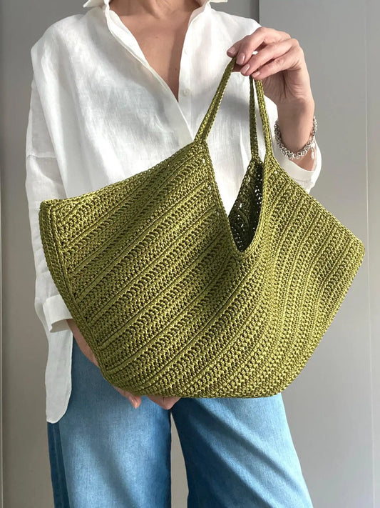 Olive Green Handmade Crochet Diagonal Stitch Large Tote Bag