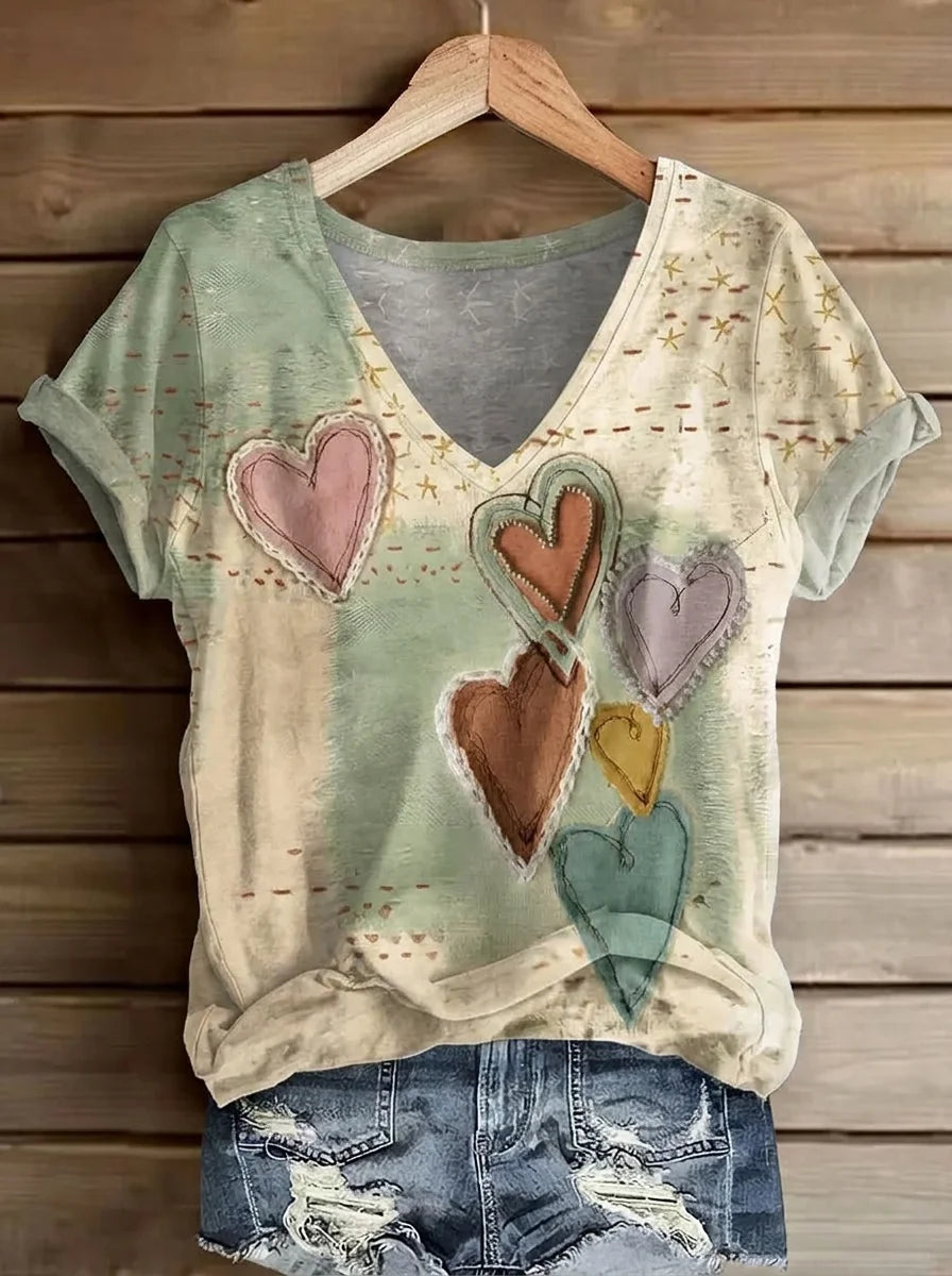 Women Vintage Heart Floral Print V-Neck Short Sleeve Casual T-Shirt