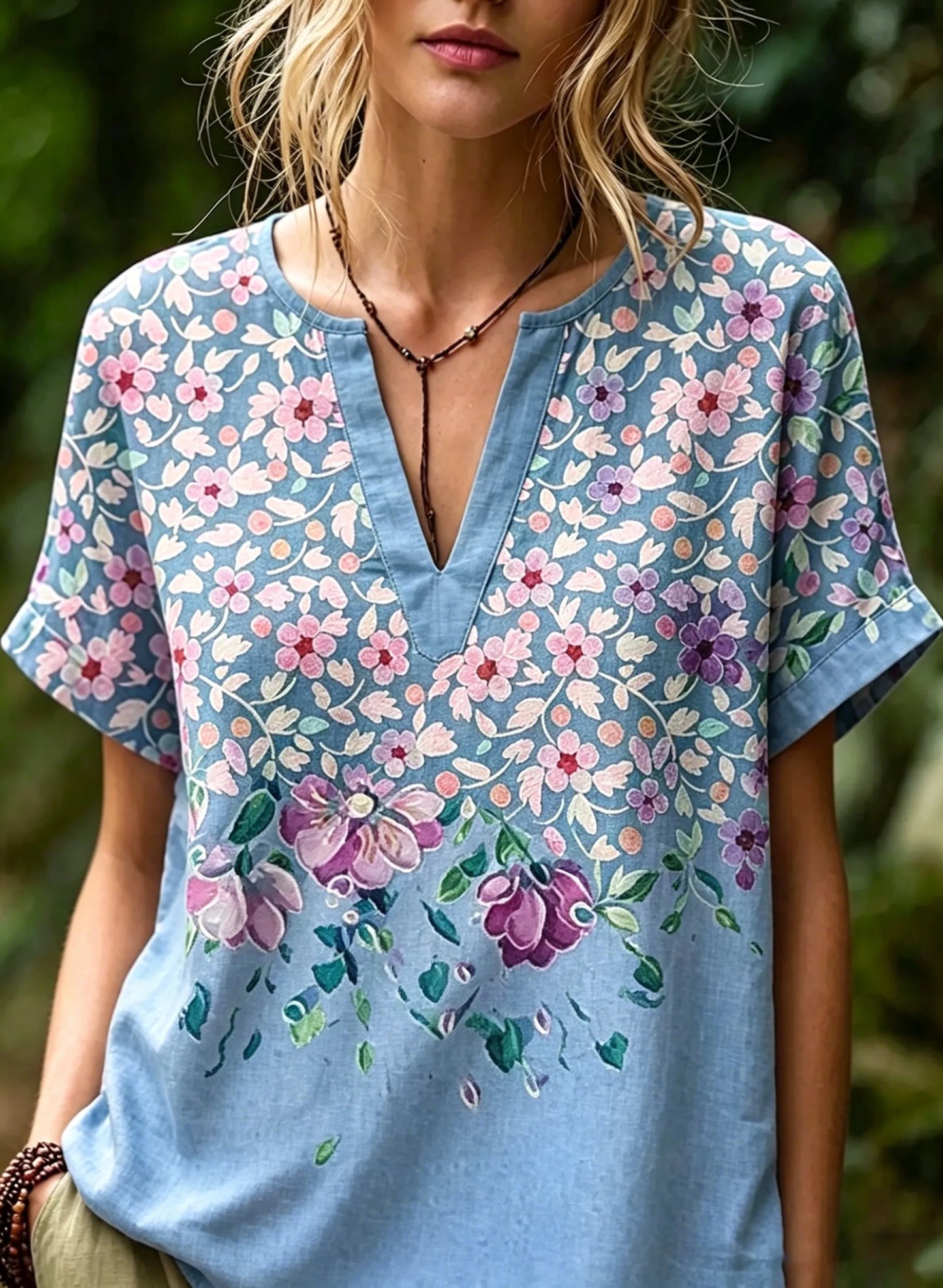 Light Blue Purple Pink Floral Print Notch V Neck Short Sleeve Casual Top