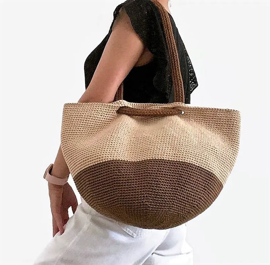 Two-Tone Crochet Straw-Style Large Tote Bag
