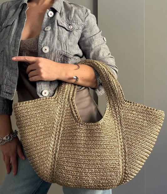 Gold Raffia Crochet Large Capacity Hobo Tote Bag