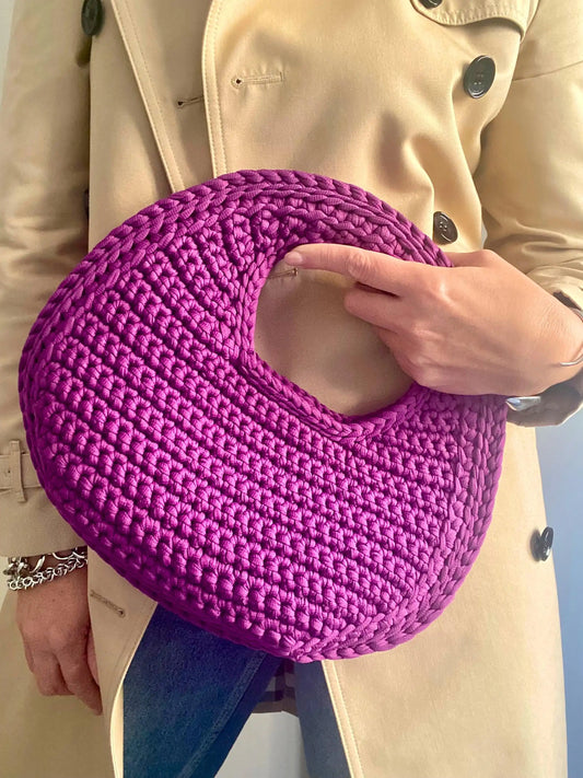 Magenta Chunky Crochet Circular Top Handle Bag