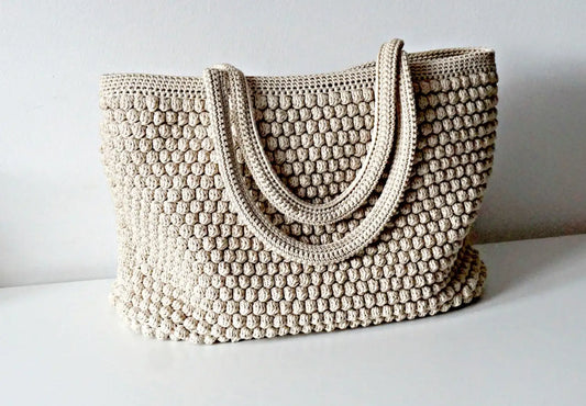 Beige Bobble Crochet Large Tote Bag