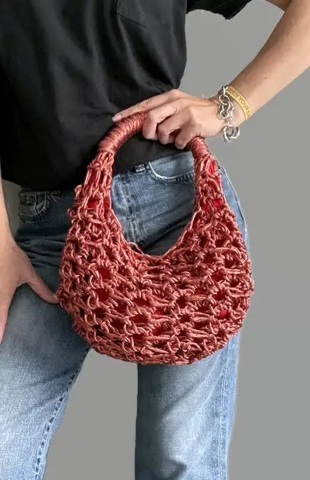 Dusty Pink Openwork Knotted Rope Hobo Bag