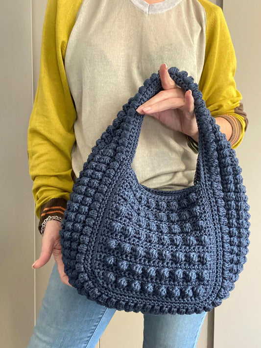 Navy Blue Handmade Crochet Bobble Texture Hobo Tote Bag