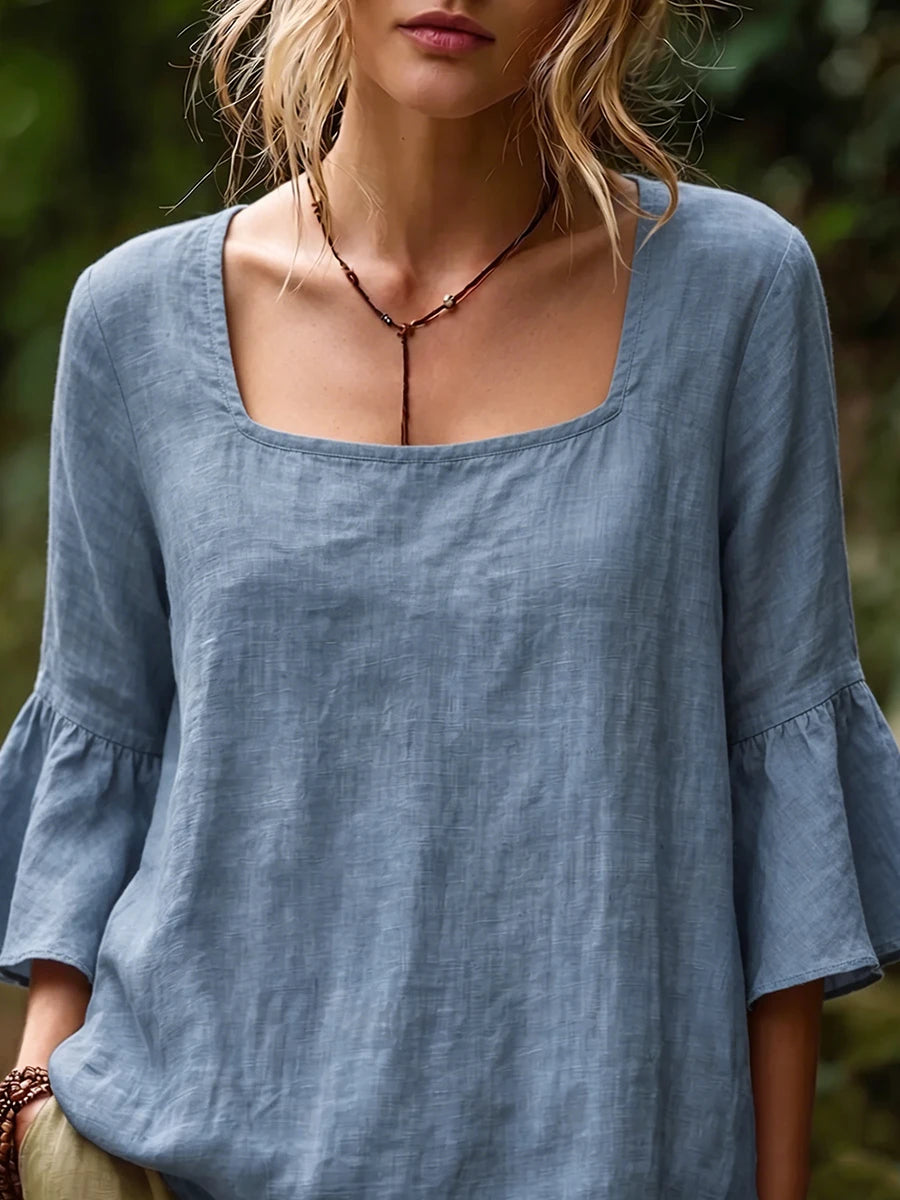 Women Solid Textured Woven Loose Short Sleeve Casual Blouse