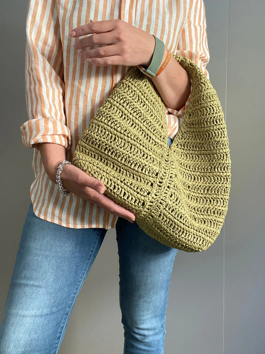 Olive Green Openwork Crochet Triangle Hobo Bag