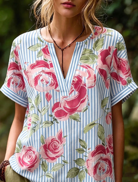 Women Boho V-Neck Printed & Embroidered Loose Casual Blouse Top