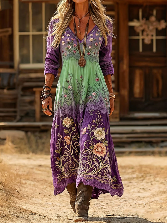 Women's Vintage Floral Gradient Art Print Casual V-Neck Long-Sleeve Cotton Dress