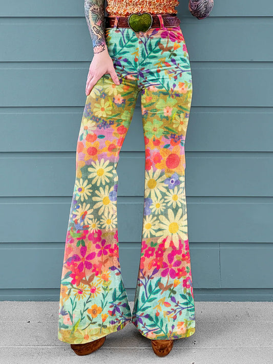 Women's Colorful Flower Collage Pattern Print Casual Wide Leg Pants