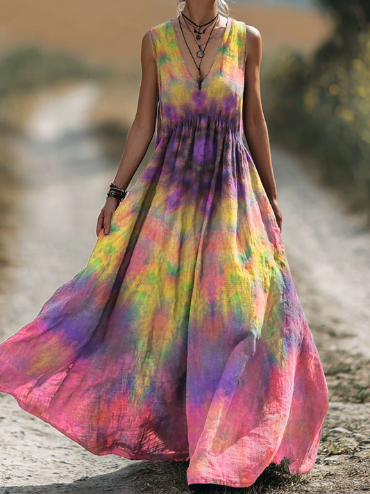 Gradation Kaleidoscope Vintage Art Print Women's Sleeveless Cotton Pocket Dress