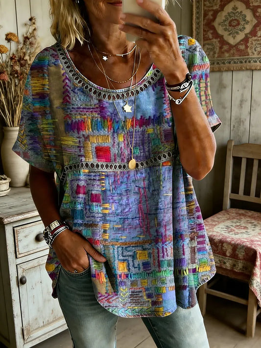 Women's Ethnic Art Print Round Neck Short Sleeve Hollow-Out Shirt