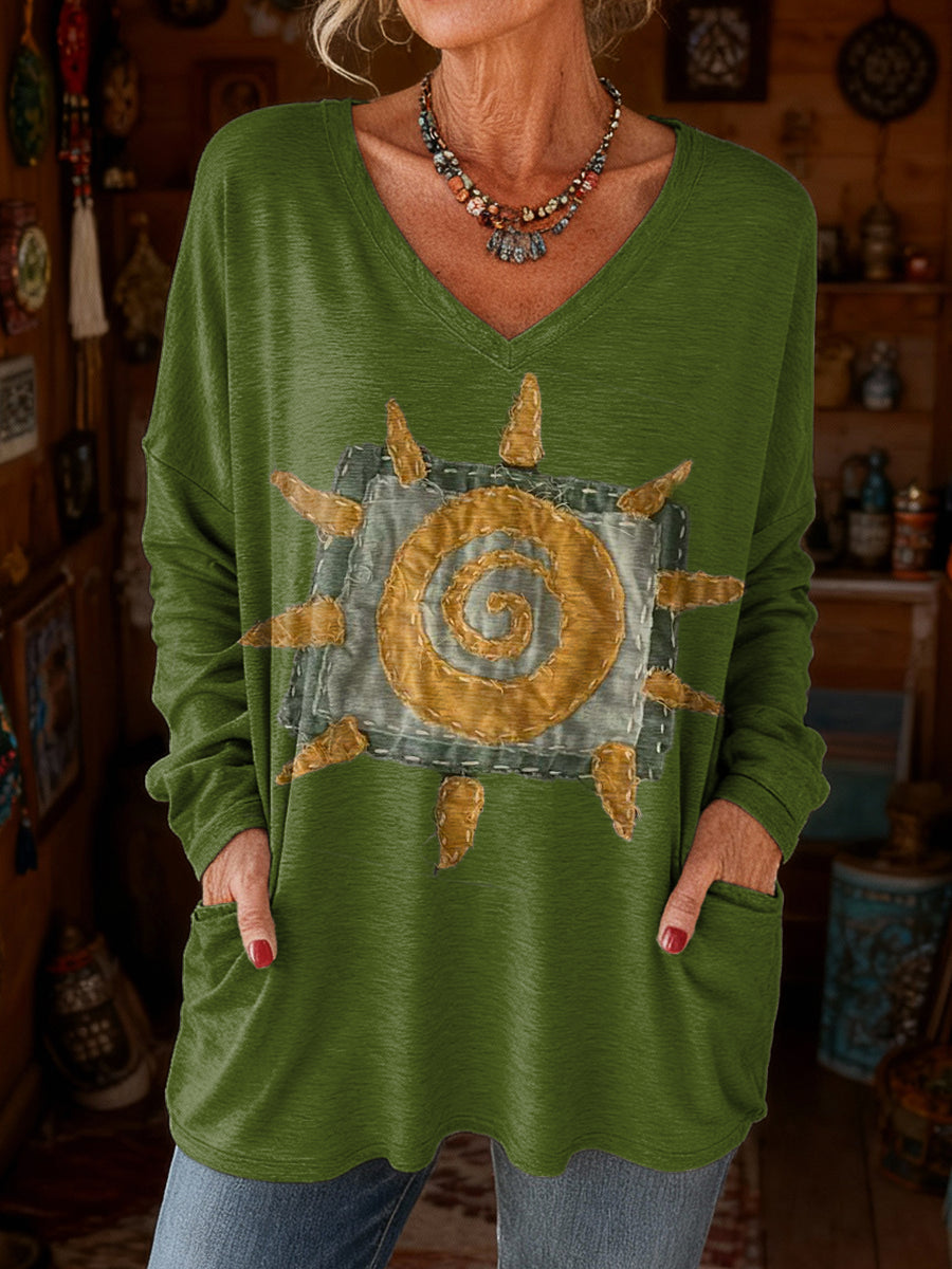 Women's Retro Sun Art Print Casual Long Sleeve V-Neck T-Shirt