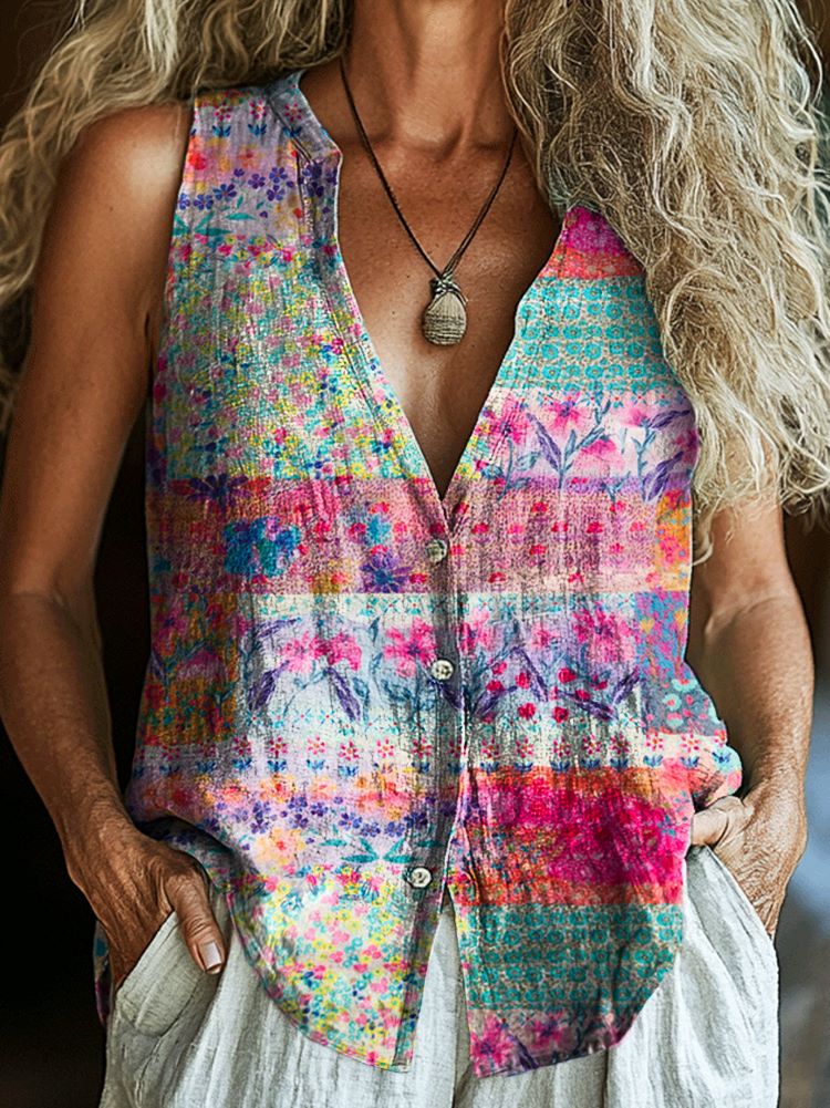 Women's Floral Art Print Sleeveless Cotton Blouse