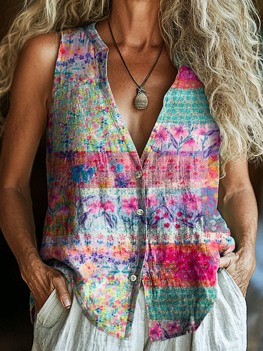 Women's Floral Art Print Sleeveless Cotton Blouse