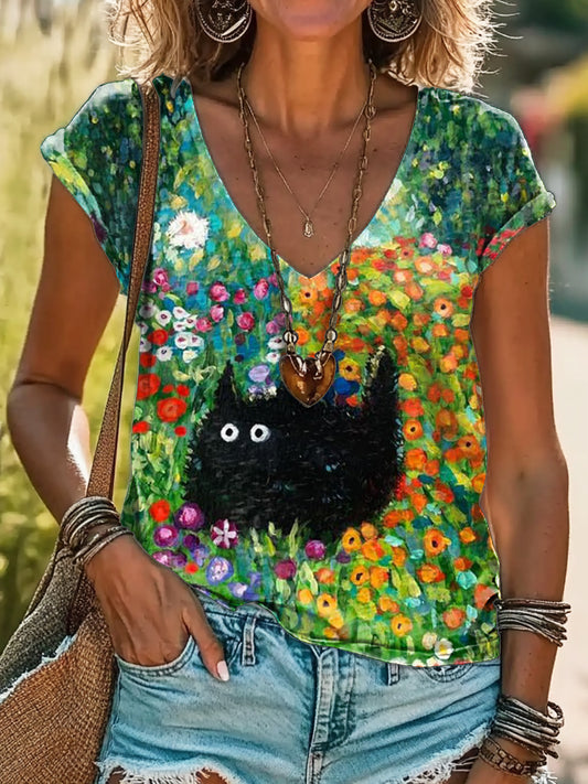 Women's Floral Black Cat Art Print V-Neck Cotton T-Shirt