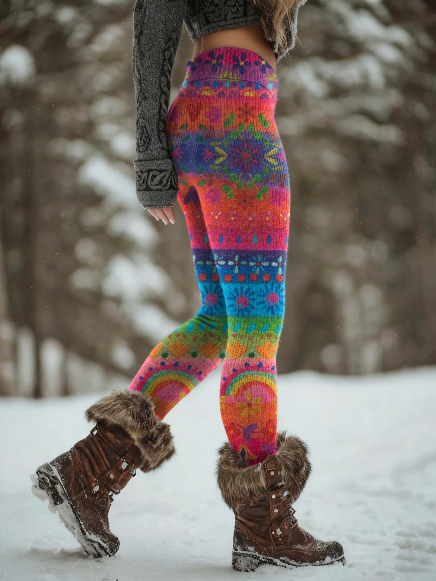 Women's Colorful Floral Art Print Knitted Leggings