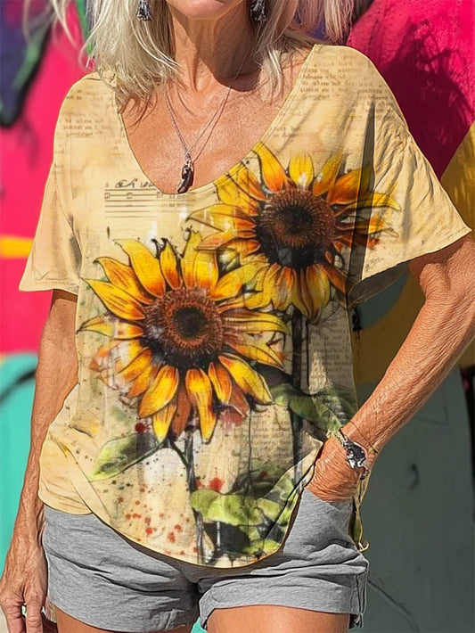 Women's Retro Watercolor Sunflower Art Print Cotton V-neck T-Shirt